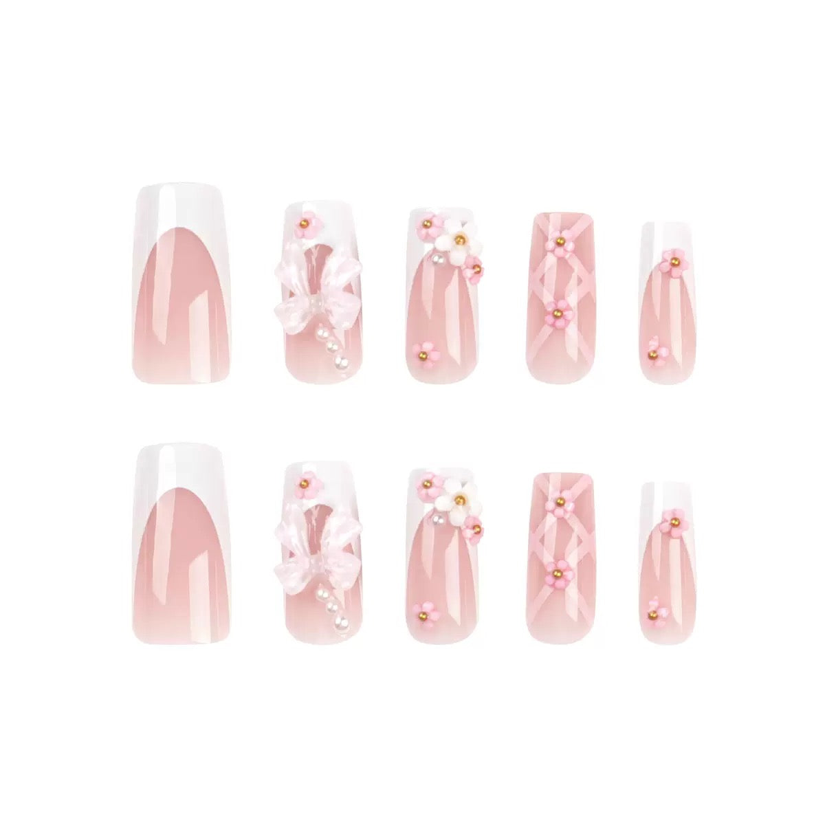 Cute Pink Flower Bow Detachable Press-On Nails