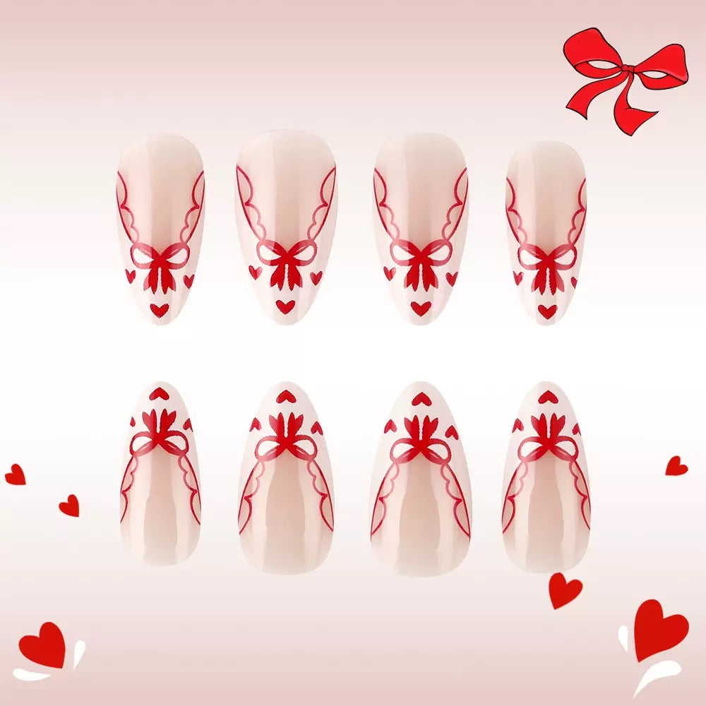Valentine’s Day Red Heart Bow French White Tip Glossy Short Almond Press-On Nails
