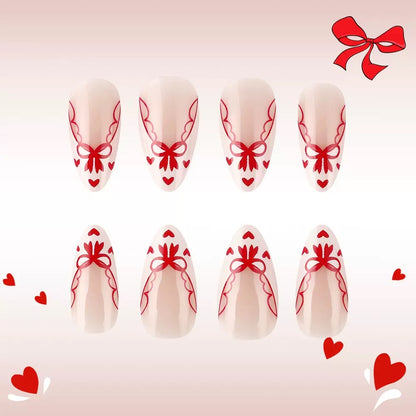 Valentine’s Day Red Heart Bow French White Tip Glossy Short Almond Press-On Nails