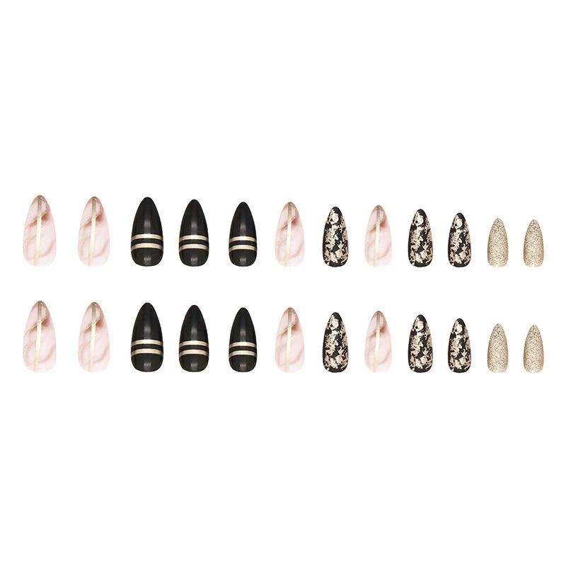 Black Edgy Girl Amber Gold Foil Glitter Almond Press-On Nails
