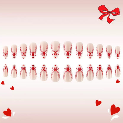 Valentine’s Day Red Heart Bow French White Tip Glossy Short Almond Press-On Nails