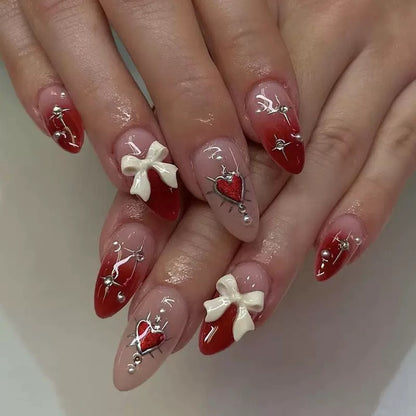 Valentine’s Day 3D Bow Pearl & Rhinestone Red Heart Gradient Press-On Nails