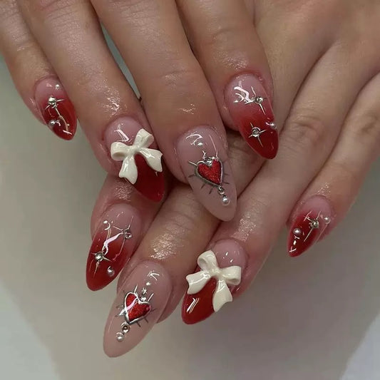 Valentine’s Day 3D Bow Pearl & Rhinestone Red Heart Gradient Press-On Nails