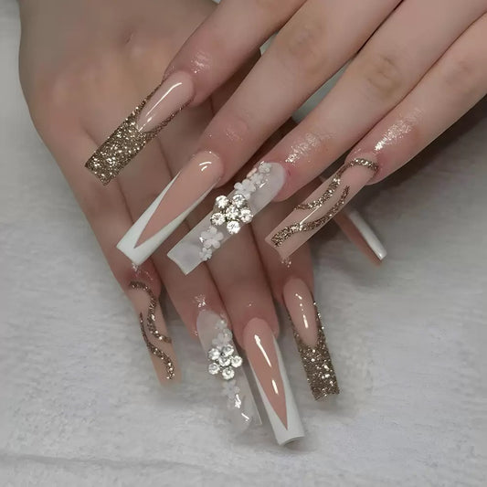 French-Style Edgy Girl Gold Glitter with White Flower Press-On Nails