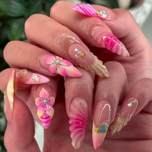 Hot-selling almond-shaped bestseller ocean-style shell pure-desire floral press-on nails with rhinestone accents