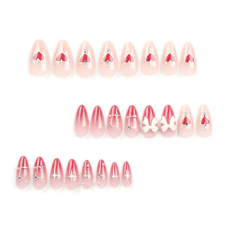 Valentine’s Day 3D Bow Pearl & Rhinestone Red Heart Gradient Press-On Nails