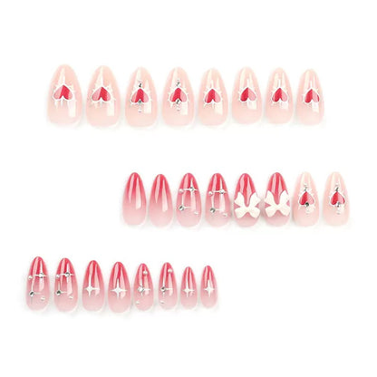 Valentine’s Day 3D Bow Pearl & Rhinestone Red Heart Gradient Press-On Nails