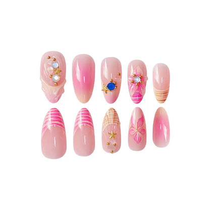 Hot-selling almond-shaped bestseller ocean-style shell pure-desire floral press-on nails with rhinestone accents