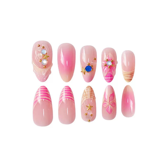 Hot-selling almond-shaped bestseller ocean-style shell pure-desire floral press-on nails with rhinestone accents