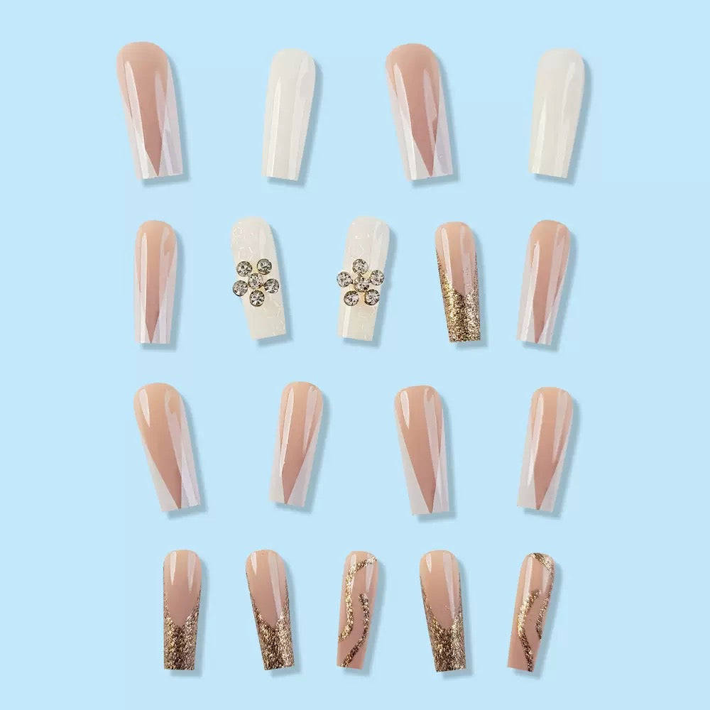 French-Style Edgy Girl Gold Glitter with White Flower Press-On Nails