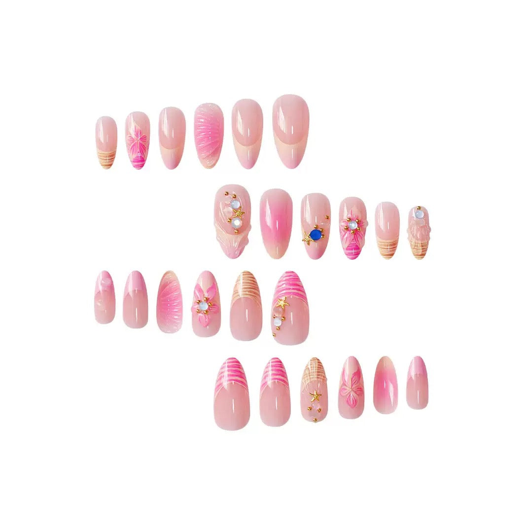 Hot-selling almond-shaped bestseller ocean-style shell pure-desire floral press-on nails with rhinestone accents