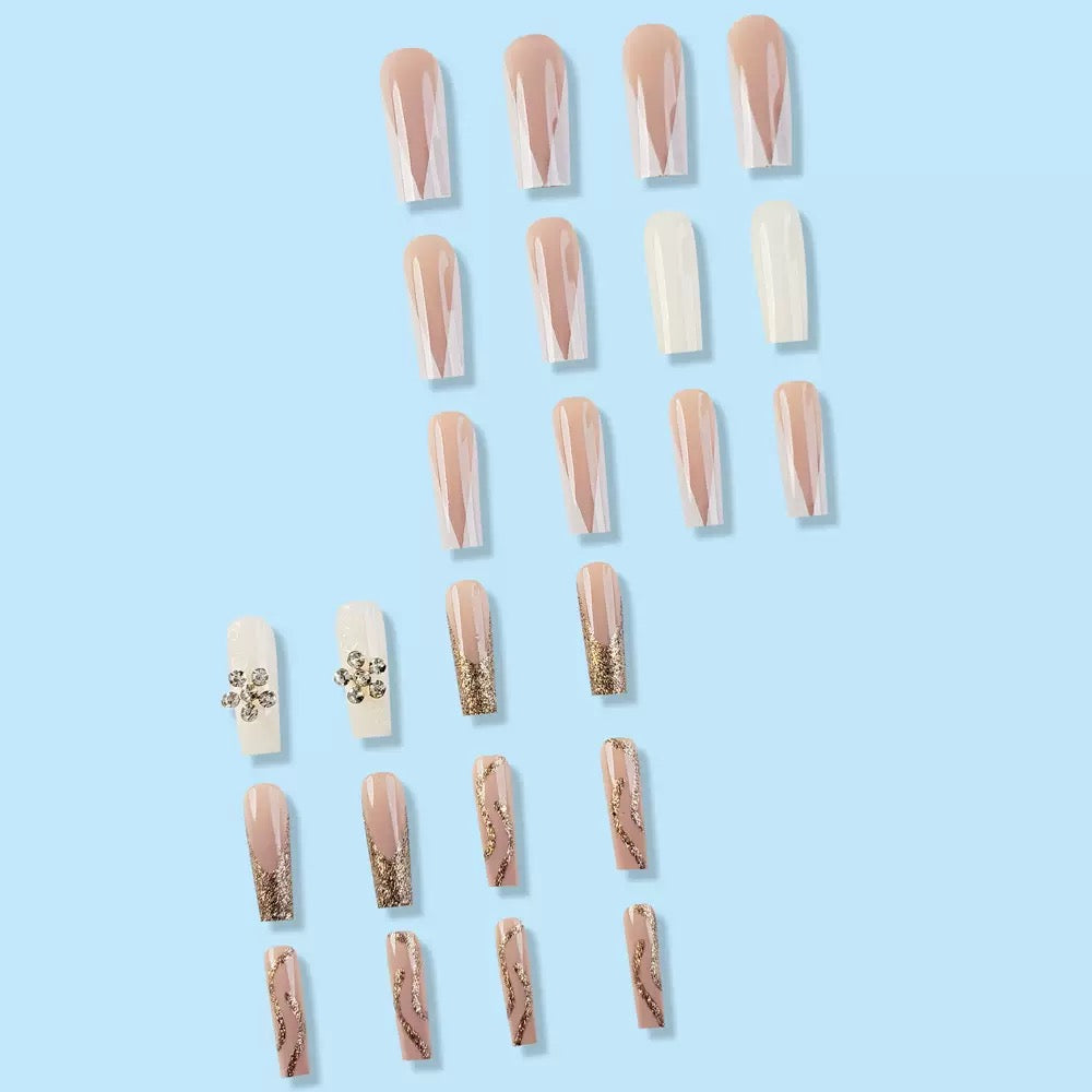 French-Style Edgy Girl Gold Glitter with White Flower Press-On Nails