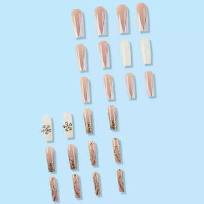 French-Style Edgy Girl Gold Glitter with White Flower Press-On Nails