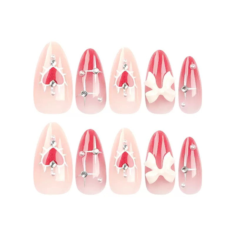 Valentine’s Day 3D Bow Pearl & Rhinestone Red Heart Gradient Press-On Nails