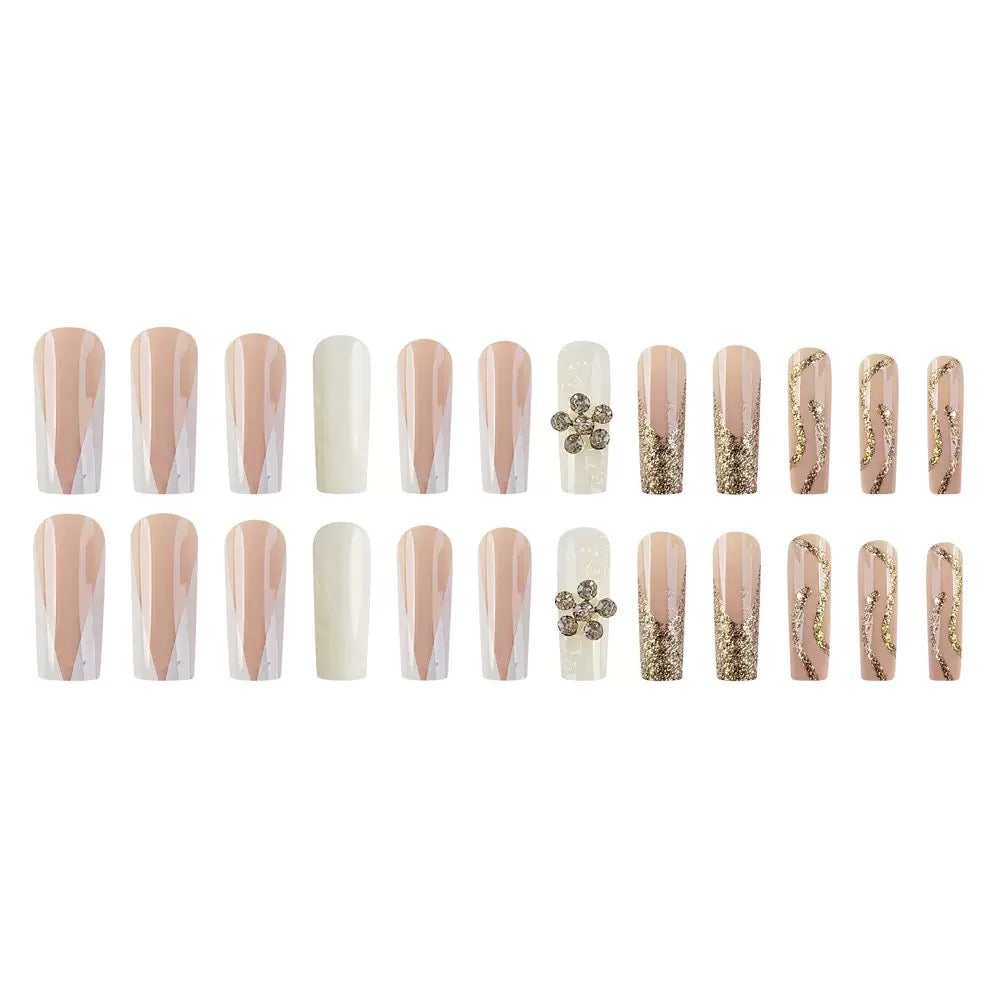 French-Style Edgy Girl Gold Glitter with White Flower Press-On Nails