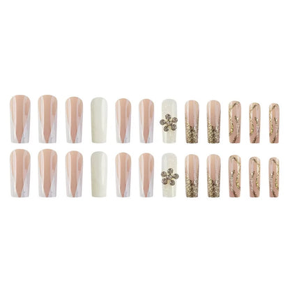 French-Style Edgy Girl Gold Glitter with White Flower Press-On Nails