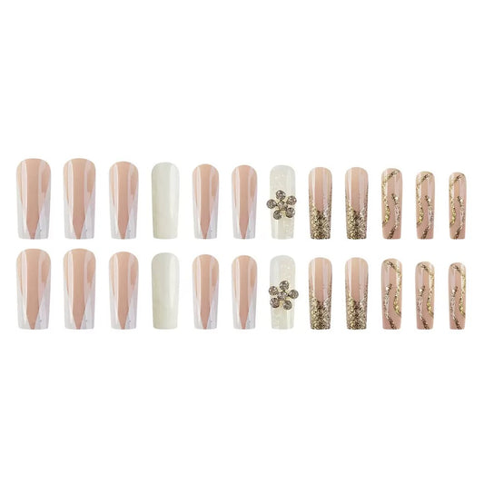 French-Style Edgy Girl Gold Glitter with White Flower Press-On Nails