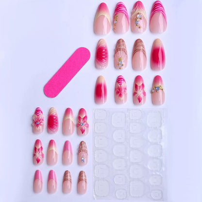 Hot-selling almond-shaped bestseller ocean-style shell pure-desire floral press-on nails with rhinestone accents
