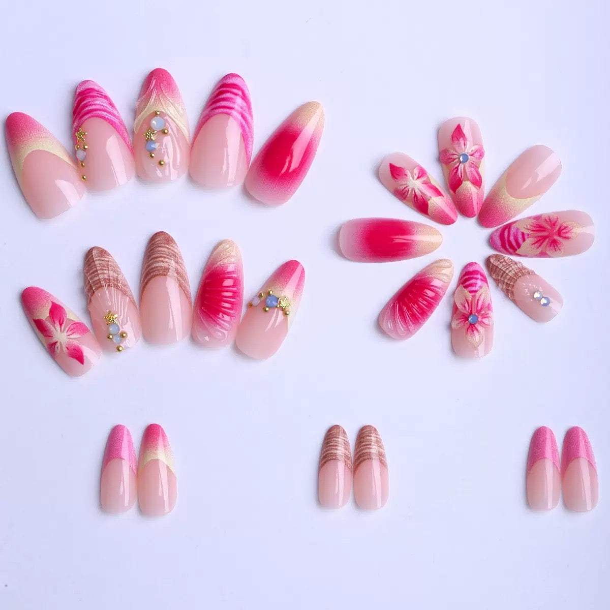Hot-selling almond-shaped bestseller ocean-style shell pure-desire floral press-on nails with rhinestone accents