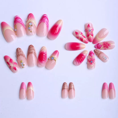 Hot-selling almond-shaped bestseller ocean-style shell pure-desire floral press-on nails with rhinestone accents