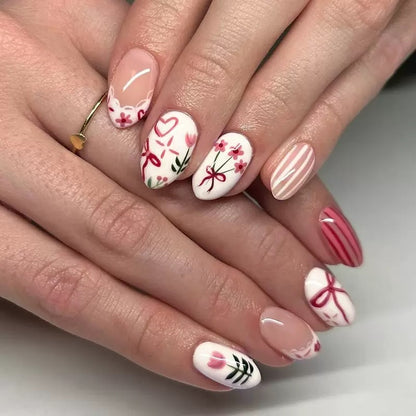 Cream-style mini floral, butterfly, lace-trim plaid detachable press-on nails