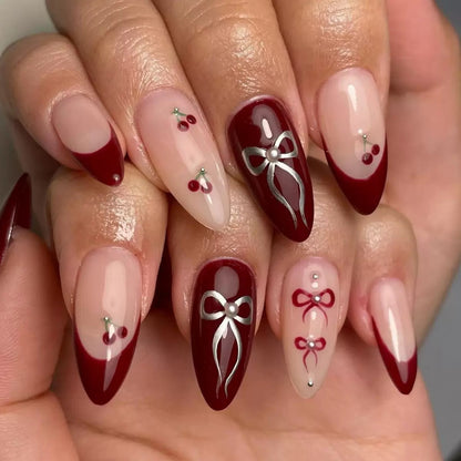 Valentine’s Day French Sweet Bow Cherry Wine Red Solid Color Press-On Nails