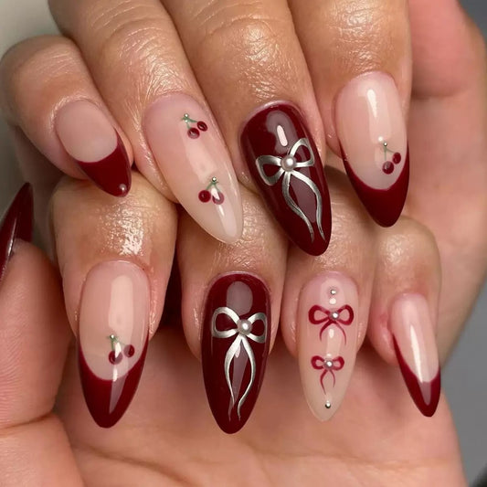 Valentine’s Day French Sweet Bow Cherry Wine Red Solid Color Press-On Nails