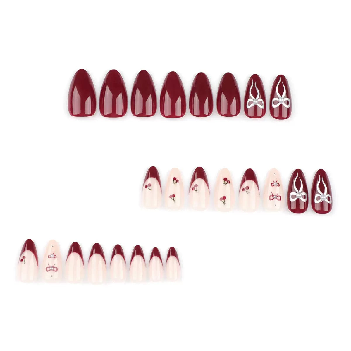 Valentine’s Day French Sweet Bow Cherry Wine Red Solid Color Press-On Nails
