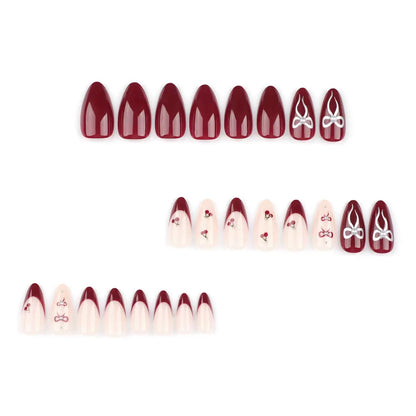 Valentine’s Day French Sweet Bow Cherry Wine Red Solid Color Press-On Nails