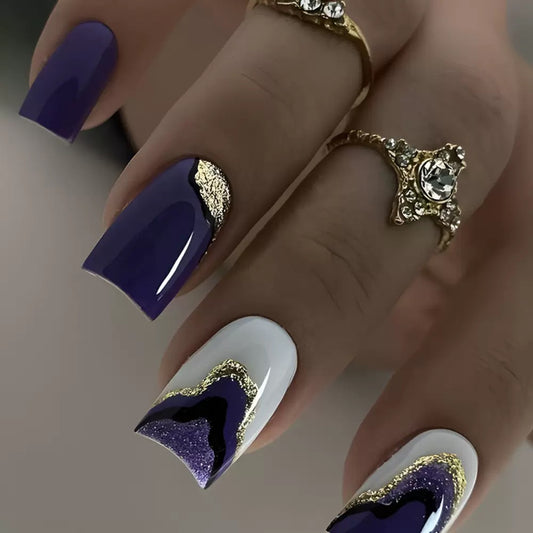 Purple-Pink Liquid Sand Square-Shape Edgy Girl Glitter Wave Press-On Nails