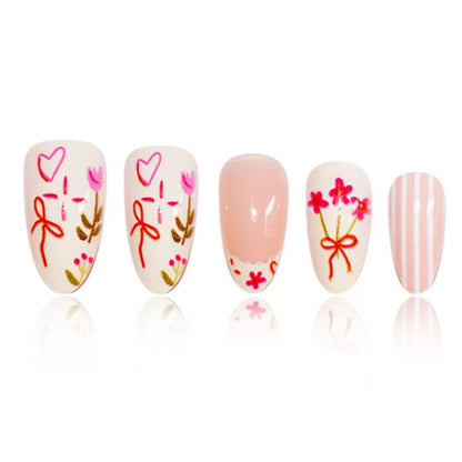 Cream-style mini floral, butterfly, lace-trim plaid detachable press-on nails