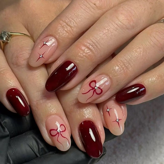 Valentine’s Day Minimalist Almond Nails with Red Bow and Starburst Rhinestones Press-On Nails