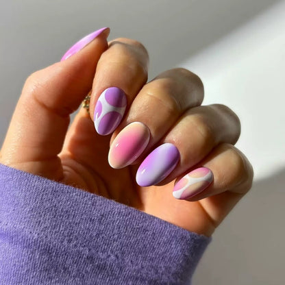 Trendy Cute Sweet Short Round Press-On Nails – Color-Block Gradient Detachable Reusable False Nails