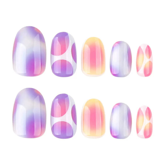 Trendy Cute Sweet Short Round Press-On Nails – Color-Block Gradient Detachable Reusable False Nails