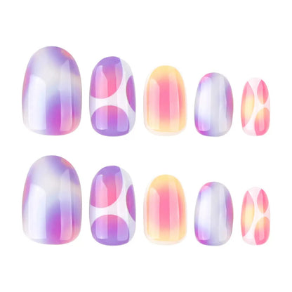 Trendy Cute Sweet Short Round Press-On Nails – Color-Block Gradient Detachable Reusable False Nails
