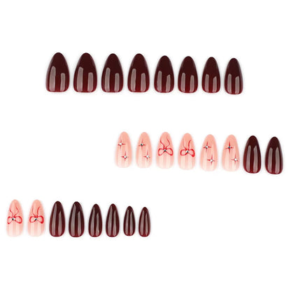 Valentine’s Day Minimalist Almond Nails with Red Bow and Starburst Rhinestones Press-On Nails