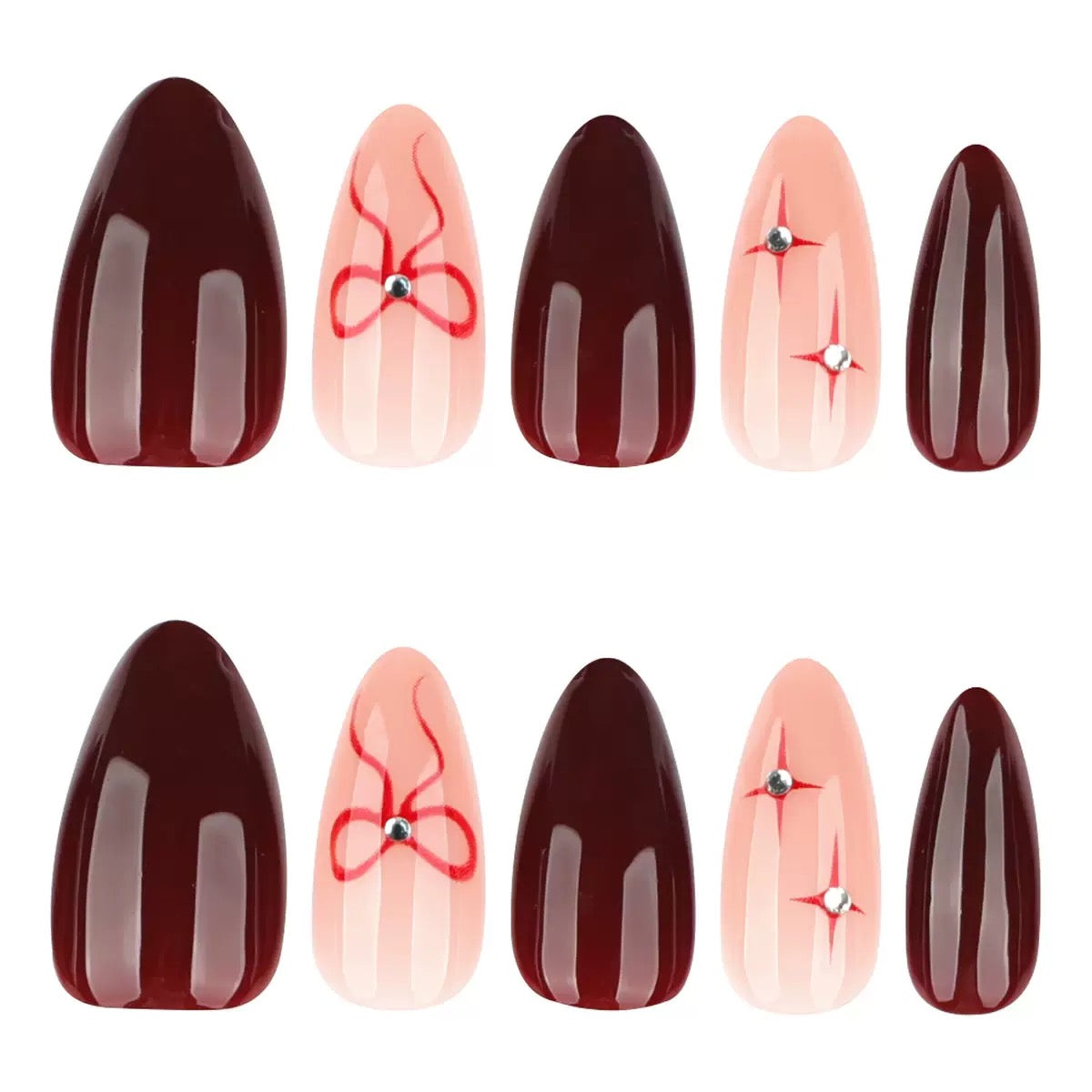 Valentine’s Day Minimalist Almond Nails with Red Bow and Starburst Rhinestones Press-On Nails