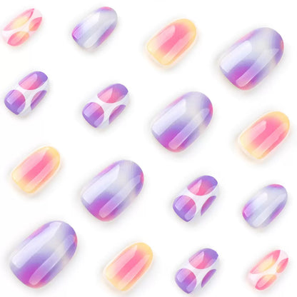 Trendy Cute Sweet Short Round Press-On Nails – Color-Block Gradient Detachable Reusable False Nails