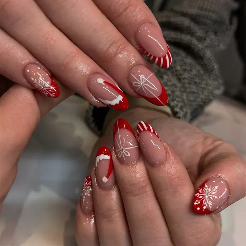 Christmas Red Striped French Nails with Santa Hat, Glitter Snowflakes, and Glossy Teardrop Press-On Nails