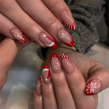 Christmas Red Striped French Nails with Santa Hat, Glitter Snowflakes, and Glossy Teardrop Press-On Nails