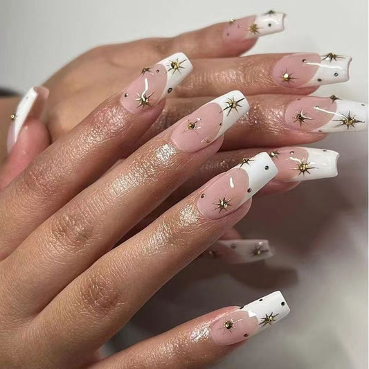 French-Style Edgy Girl Sweet Shimmering White-Tipped Nude Pink Gold Star Ballet Press-On Nails