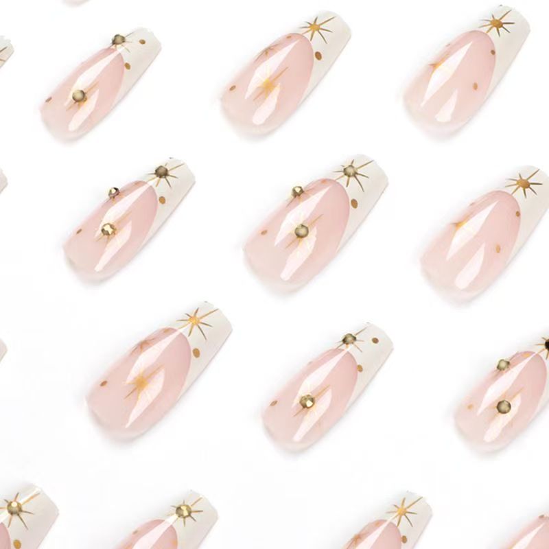 French-Style Edgy Girl Sweet Shimmering White-Tipped Nude Pink Gold Star Ballet Press-On Nails