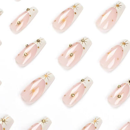 French-Style Edgy Girl Sweet Shimmering White-Tipped Nude Pink Gold Star Ballet Press-On Nails