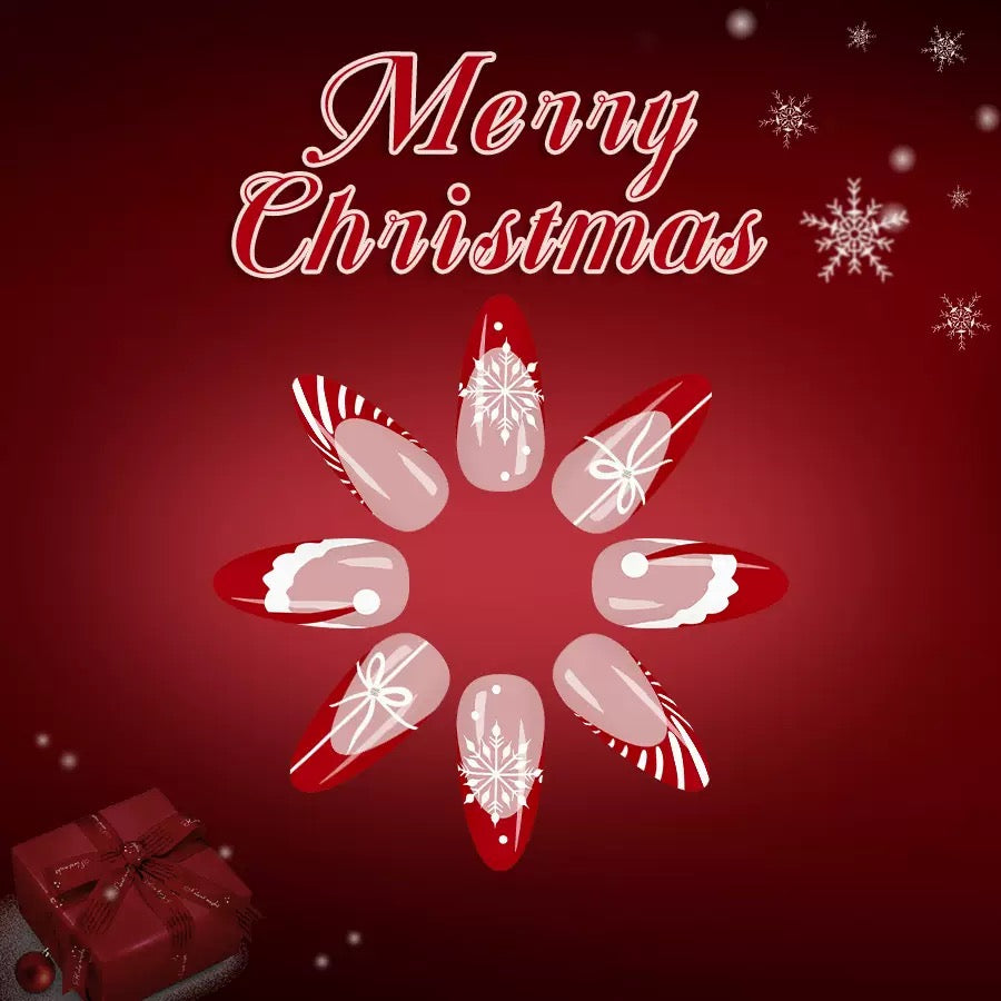 Christmas Red Striped French Nails with Santa Hat, Glitter Snowflakes, and Glossy Teardrop Press-On Nails