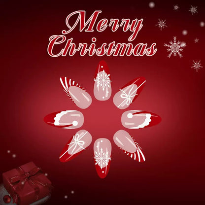 Christmas Red Striped French Nails with Santa Hat, Glitter Snowflakes, and Glossy Teardrop Press-On Nails
