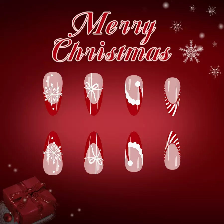 Christmas Red Striped French Nails with Santa Hat, Glitter Snowflakes, and Glossy Teardrop Press-On Nails