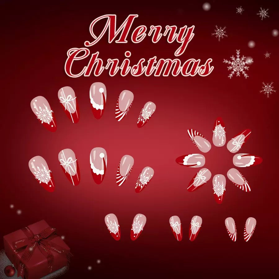 Christmas Red Striped French Nails with Santa Hat, Glitter Snowflakes, and Glossy Teardrop Press-On Nails