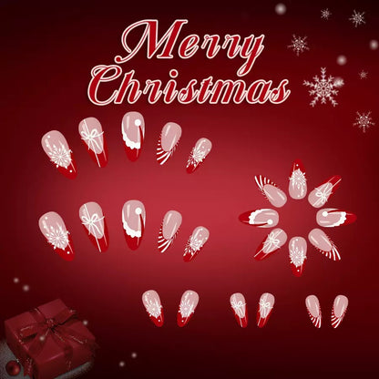 Christmas Red Striped French Nails with Santa Hat, Glitter Snowflakes, and Glossy Teardrop Press-On Nails