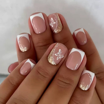French White-Tip Butterfly Gold Glitter Press-On Nails