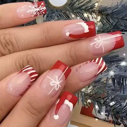 Christmas Glossy Square Nails with White Stripes, Glitter Snowflakes, Ribbon, and Removable Press-On Design